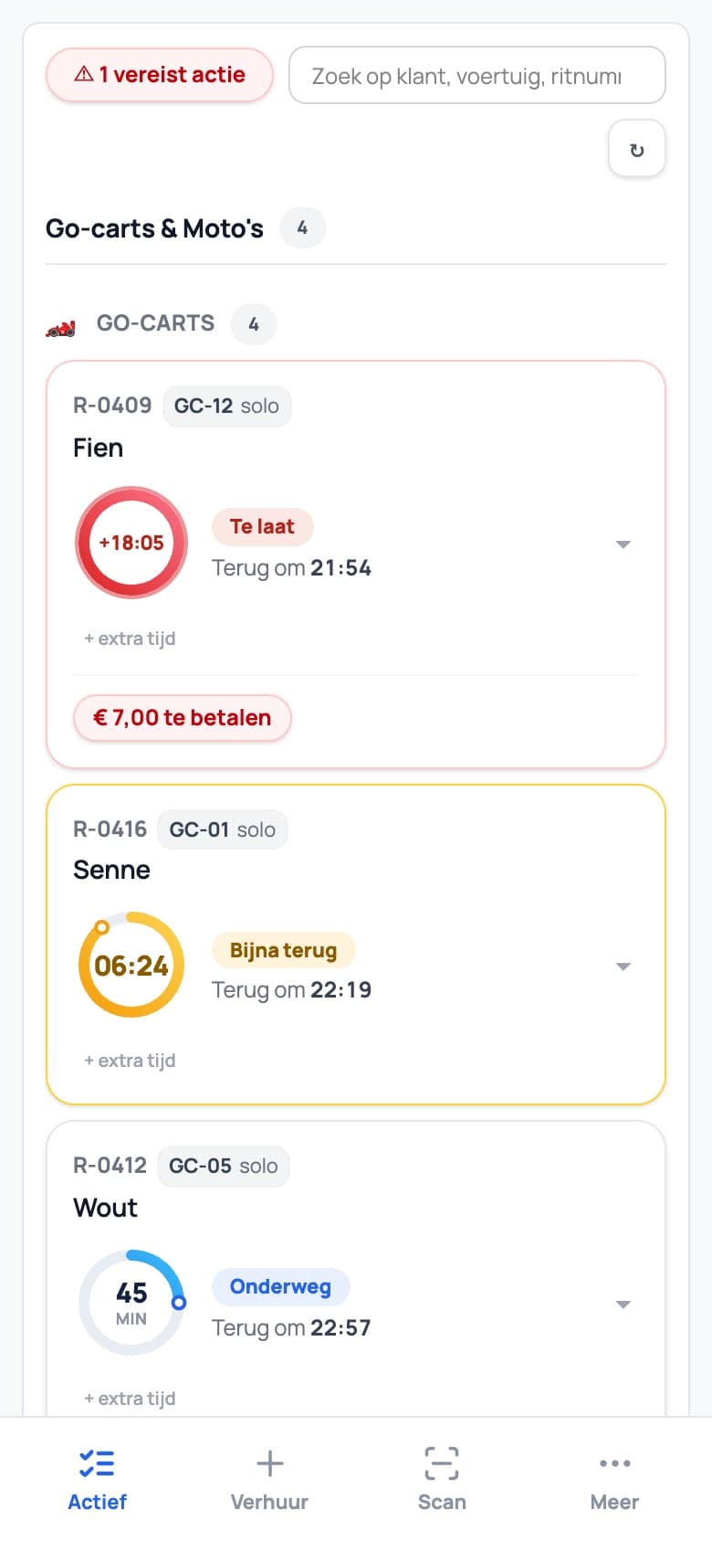 De lijst met actieve ritten in RentFlow: elke rit heeft een ring die de resterende tijd toont, met een rode ring bij een rit die te laat is