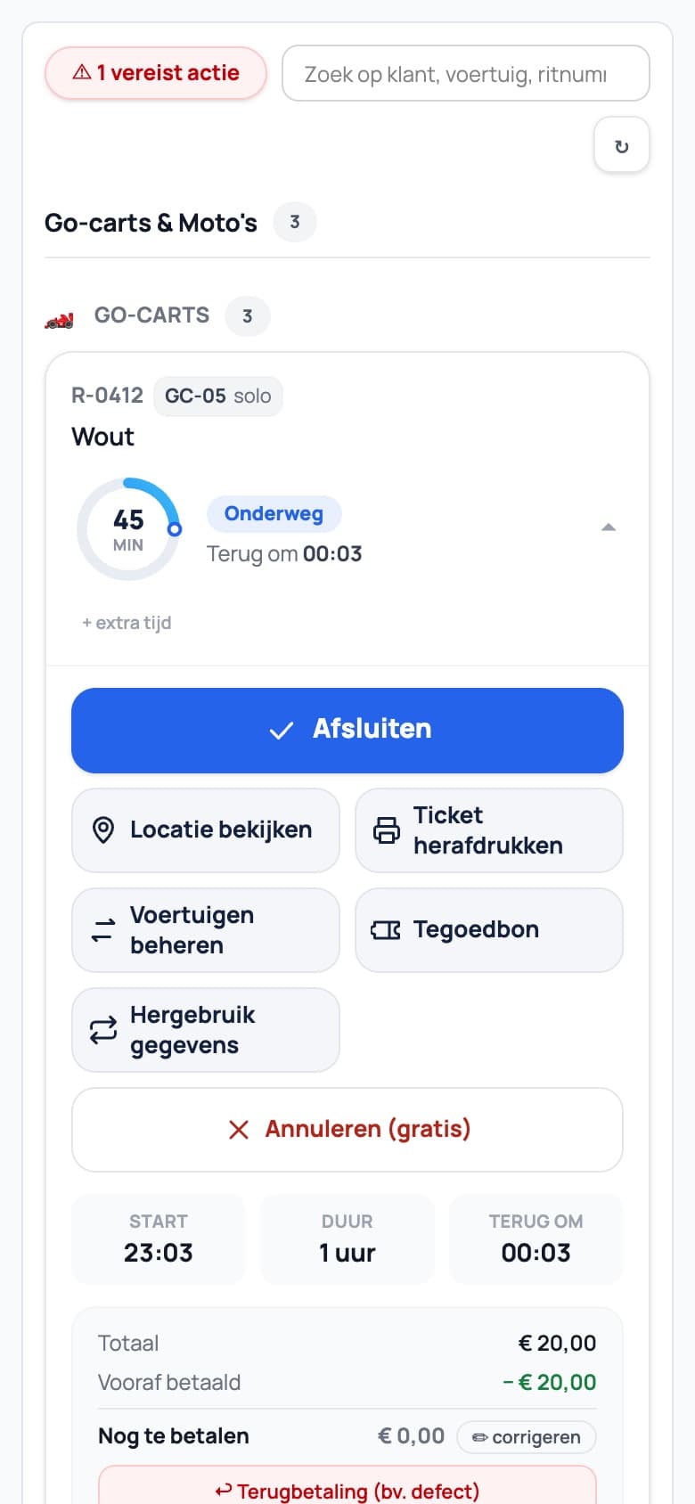 Een opengeklapte ritkaart met de tegel Locatie bekijken naast Ticket herafdrukken en Tegoedbon